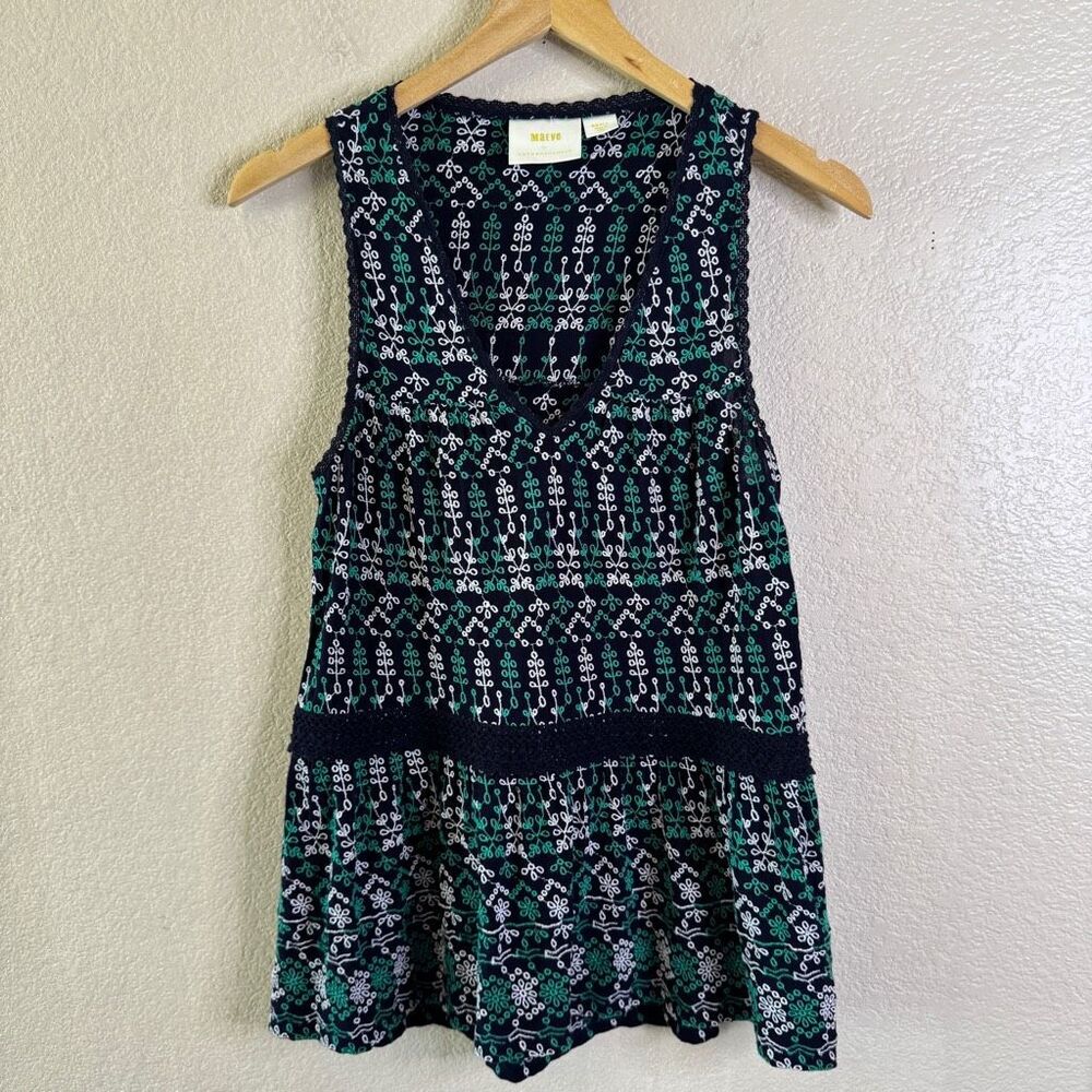 Maeve Black Tank Top with Green and White Print
